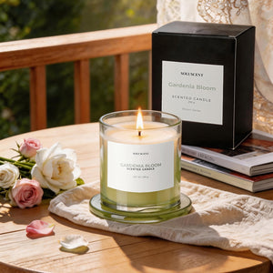 Gardenia Bloom candle lit outdoors beside its packaging box, with roses and open books